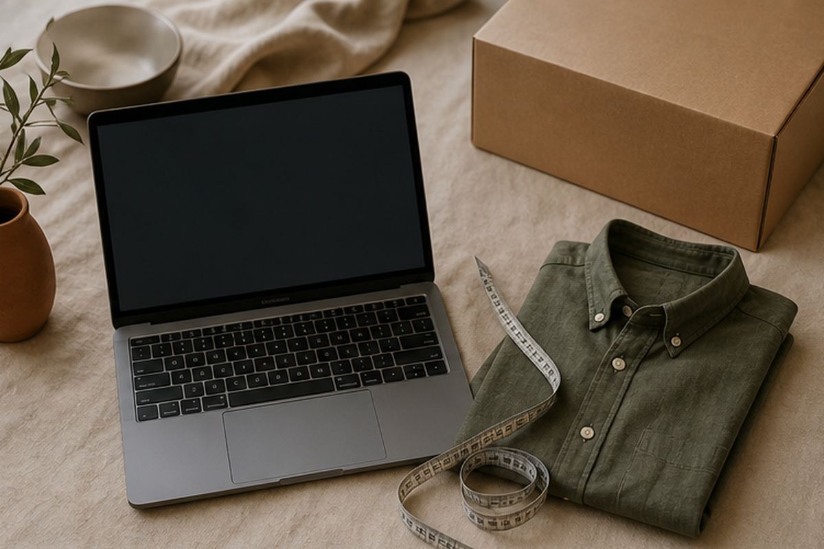 Laptop, krawiecka miarka, złożona koszula i karton z przesyłką na stole